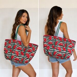 Ah-dorned Watermelon Neoprene Tote Bag Stripe Rope Handle Beach Travel Large